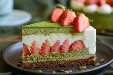 Wall Mural - Delicious matcha and strawberry layer cake on a plate