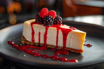 Wall Mural - Delicious cheesecake topped with fresh berries and drizzled with raspberry sauce