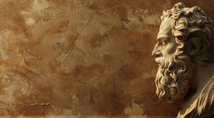 Ancient Greek philosopher statue against a textured wall