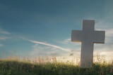 Fototapeta Góry - Concrete cross gravestone on blooming meadow. 3D Rendering
