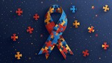 Fototapeta Sport - Symbolic blue ribbon with puzzle pieces represents world autism awareness day on a dark background