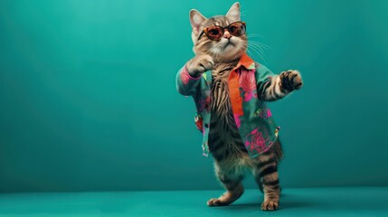 Wall Mural - Cat wearing colorful clothes and sunglasses dancing on the green background