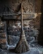 Old broom leaning against a rustic brick wall