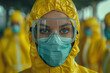 portrait of a female doctor dressed in a yellow pandemic suit and with a mask and protective glasses. Concept pandemic