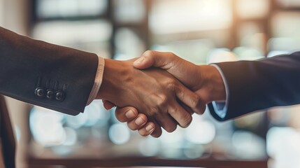 Two confident business man shaking hands during a meeting in the office, success, dealing, greeting and partner concept.