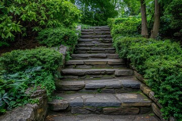 Sticker - Serene Garden Pathway with Stone Steps Surrounded by Lush Greenery