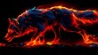 A picture of a wolf on fire on a black background. A magical creature made of fire.