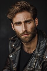 Wall Mural - Handsome young man in leather jacket posing against dark background