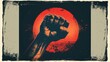 Fiery fist emblem with red circle on grunge background, symbolizing power, resistance, and revolution