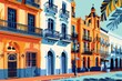 Sevilla, capital of  Andalusia, architecture travel  postcard. Colorful buildings flat illustration. 