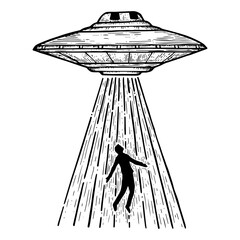 Wall Mural - UFO Flying saucer kidnaps human person sketch line art engraving PNG illustration. Scratch board style imitation. Black and white hand drawn image.