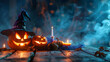A bewitching Halloween tableau featuring glowing pumpkins. a witchs hat