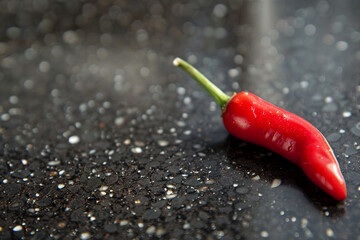 A vibrant red chili pepper on a black granite countertop.