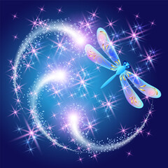 Wall Mural - Flying dragonfly with sparkle and blazing trail and sparkle stars