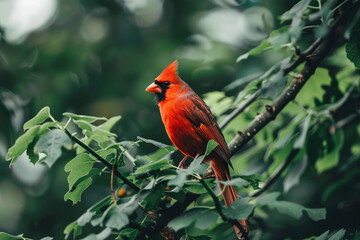 Wall Mural - A vibrant red bird perched on a leafy tree branch.