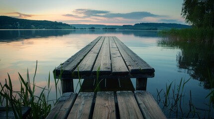 Wall Mural - Serene lake at sunset with wooden pier