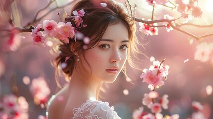 Wall Mural - Dreamy Bridal Portrait in Blooming Garden, generative ai