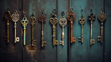 Aesthetic Display Of Assorted Vintage Keys Hanging From Rustic Chains Against A Wooden Backdrop
