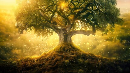 Wall Mural - Beautiful tree of life, sacred symbol. Individuality, prosperity and growth concept. Digital art.