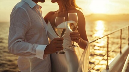 Wall Mural - Lovely couple holding champagne wine glass on luxury yacht in sea.