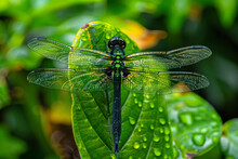 A Vibrant Green Dragonfly Perched On A Leaf, Showcasing Its Intricate Wings.
