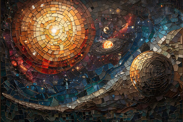 Wall Mural - A mosaic space scene, with planets and galaxies formed from a mosaic of shimmering glass shards.