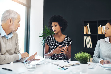 Poster - Group, collaboration and meeting for company with mature man, discussion and tablet. Team, diversity and ideas in brainstorming with startup in boardroom at office for business as colleagues