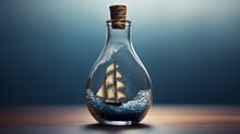 Exquisite Miniature Sailboat Encapsulated In A Glass Bottle Against A Blue Background
