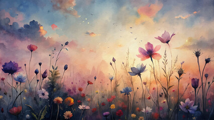 Wall Mural - Wildflower watercolor background with twilight sky
