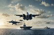 The warship is an aircraft carrier at sea.Military planes fly by sea.