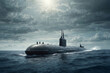 A military submarine at sea.Performing a combat mission at sea.