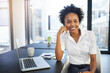 Business, portrait and black woman with laptop office for happiness, consultation or smile at desk. Technology, online and female employee with computer for email, planning report or finance project