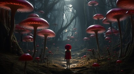 Wall Mural - A mystic scene featuring an enchanting forest with red glowing mushrooms and a child silhouette exploring