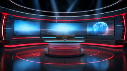 Wall Mural - An advanced broadcast news studio setup with multiple screens displaying a planet earth and futuristic elements