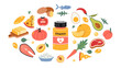 A jar of vitamin A in tablets or capsules and foods enriched with it. Fruits, vegetables, fish, meat, dairy products and eggs set. Isolated vector illustration, hand drawn, flat