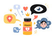 Vitamin A benefits, jar of tablets and speech bubble. Support of the immune, skin care, eye health and good vision, healthy teeth and bones. Isolated cartoon vector illustration, flat