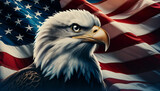 Fototapeta  - American flag overlayed on top of a dark blue, with a close-up of a majestic bald eagle in the foreground. 
