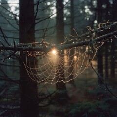 Canvas Print - Sunrise through a dew-covered spider web in a forest