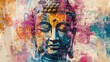 Abstract Buddha portrait with vibrant splashes of color. Colorful Buddha art in a splatter paint style. Concept of modern Buddhism, Zen, religion, peace, spiritual awakening.