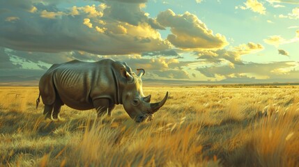 Wall Mural - A rhino enjoys a peaceful moment of grazing during golden hour amidst the tall grass of the savannah