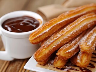 Wall Mural - Delicious churros with chocolate dipping sauce on a wooden table