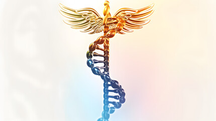 A caduceus with two wings. symbolizing healing and chillness is placed on top of the DNA double helix. The background color should be white to create contrast against blue