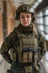 Wall Mural - Confident female soldier in full gear standing indoors