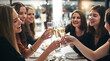 © peopleimages.com - Group, women and champagne for toast in restaurant for dinner party, celebration and sushi with lens flare. Friends, cheers and happy by table with alcohol glass, girls night and seafood for congrats