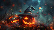 A chilling Halloween night with glowing jack-o-lanterns and a witchs hat. set against a smoky