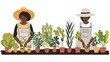 Two women farmers work together in the garden. There are many potted plants in front of them.