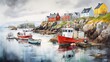 Quaint fishing village with vibrant houses and docked boats on a cloudy day