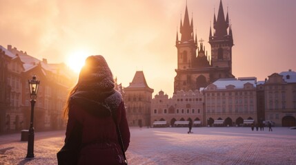 Wall Mural - Back view of a girl in Old Town Square with historic buildings in the city of Prague, Czech Republic in Europe.