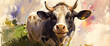 A digital painting depicts a close-up portrait of a cow with an impressionistic touch in a pastoral, rural scene