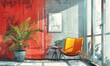 A vibrant illustration of a modern, sunlit room with a red wall, featuring an orange chair, indoor plants, and a floor-to-ceiling window